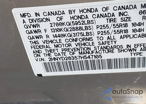 2007 Acura Mdx Technology Package from USA, damaged, VIN 2HNYD28357H547105